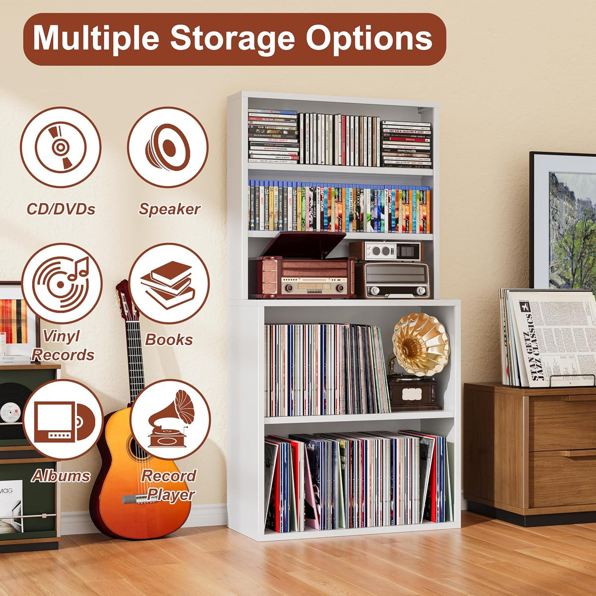 DVD Storage Cabinet, Record Player Stand, White