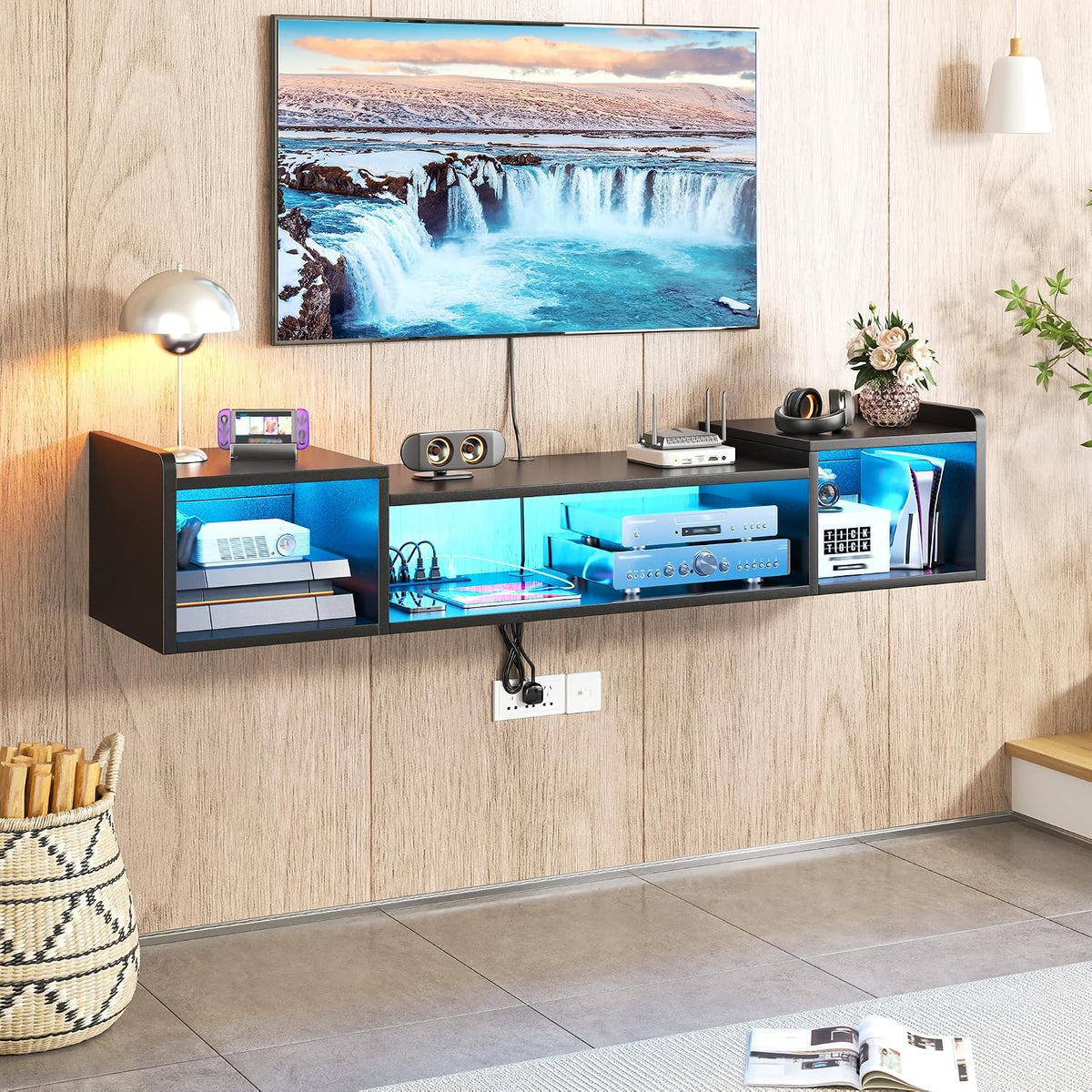 55.1" W Floating TV Stand with LED,Power Strip for 50/55/60/65" TV ...