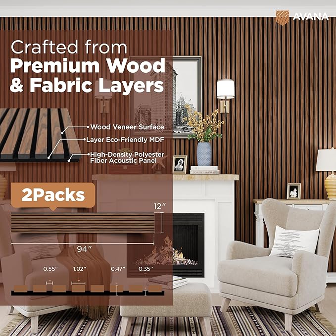 Avana Acoustic Wood Wall Panels – 94.4 x 12.6 Inch Rustic Walnut Acoustic (2 ...