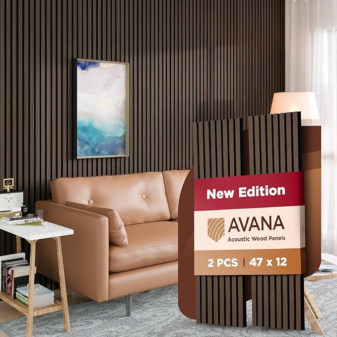 Avana Acoustic Wood Wall Panels – 47.2 x 12.6 Inch Dark Walnut Oak Acoustic (...