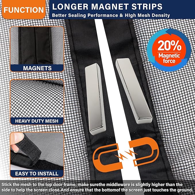 Magnetic Screen Door，Fiberglass Screen Door Mesh，Keep Bugs Out, Heavy-Duty Mesh