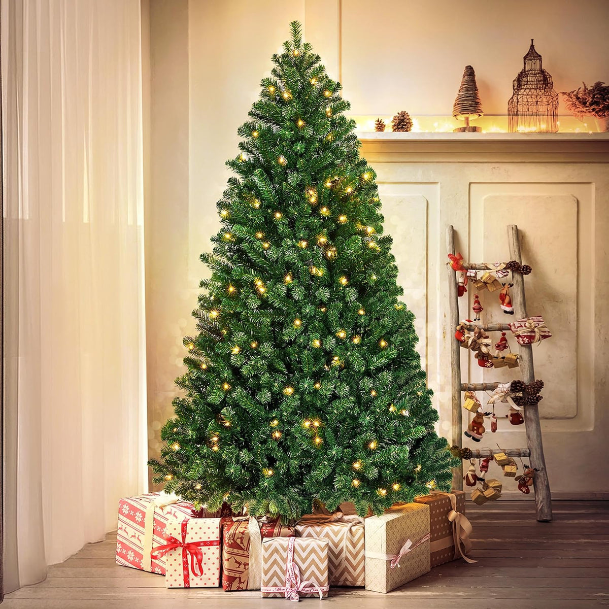 Yaheetech 6ft Pre-lit Christmas Tree with 300 Warm White Lights, Green