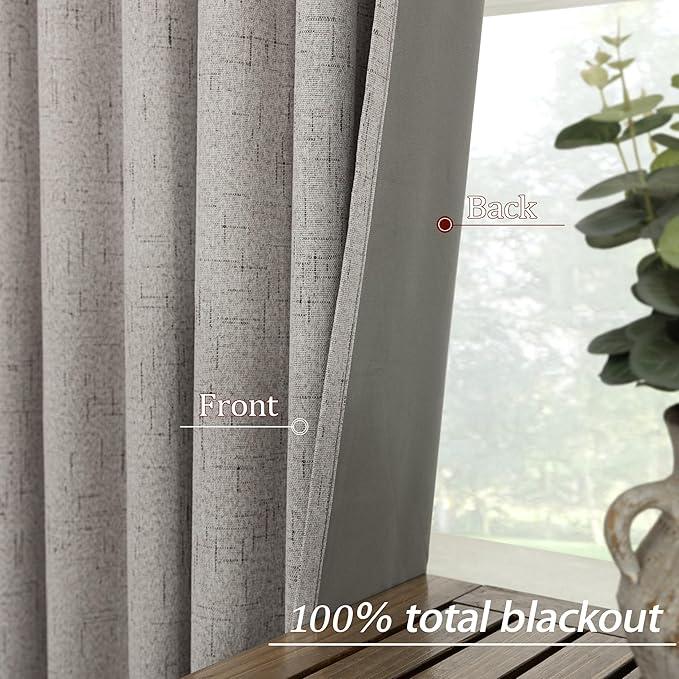 KOUFALL Taupe Back Tab Linen Blackout Curtains