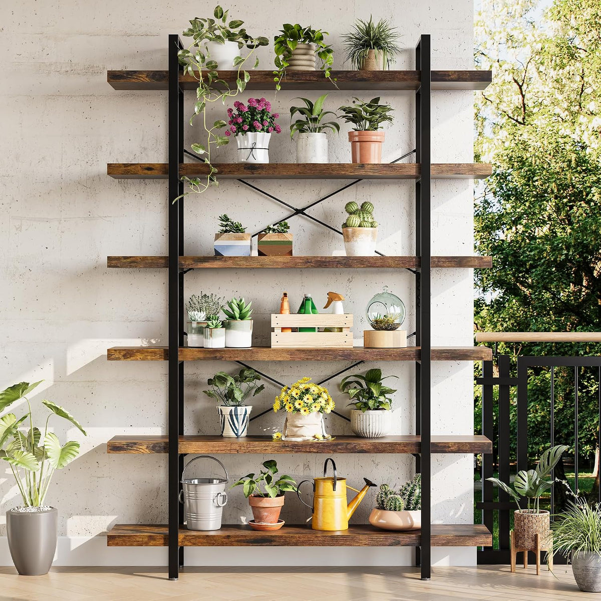 Heavy Duty 6 Tier Industrial Bookcase for Home Office, Rustic Brown