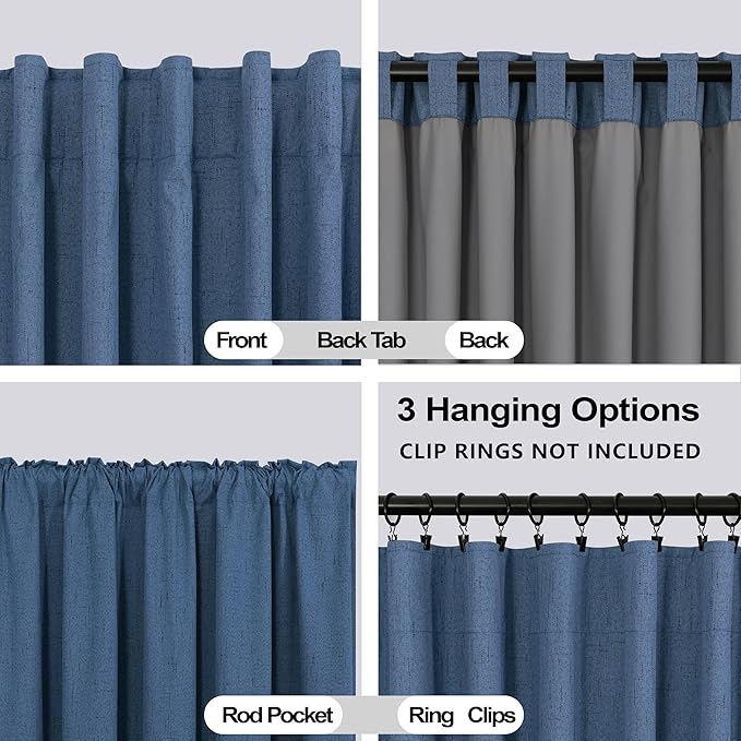 KOUFALL 108 Inch Curtains Blackout 9FT Long Black Out Linen Denim Slate Blue