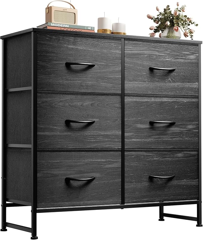 WLIVE Black Dresser for Bedroom, 6 Drawer Double Dresser, Fabric Storage Tower