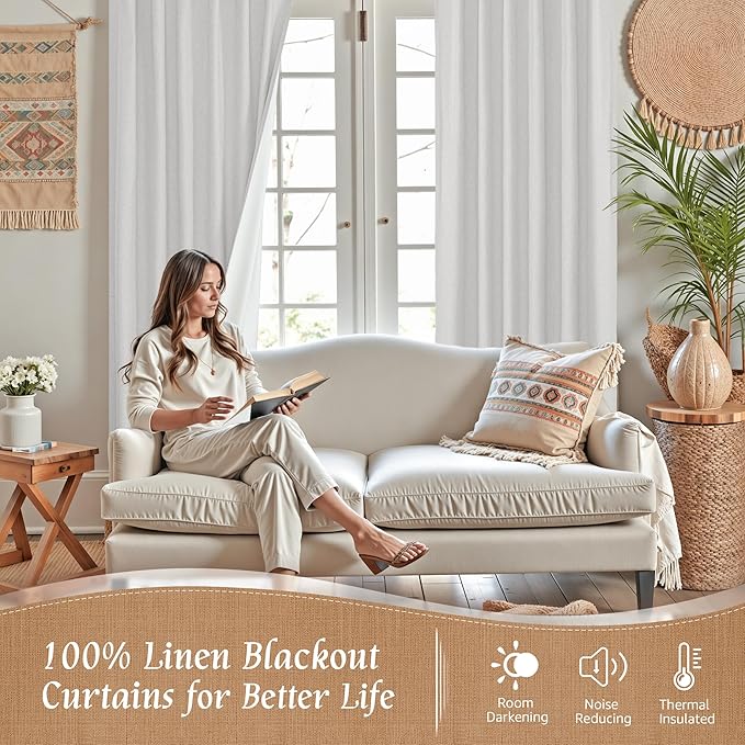 LAMIT 100% Blackout Natural Linen Curtains, 68 Inches Linen Textured Thermal