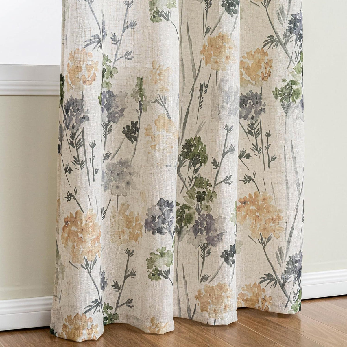 MYSKY HOME Sage Green Floral Linen Spring Curtains 84 inch Long 2 Panels Set ...