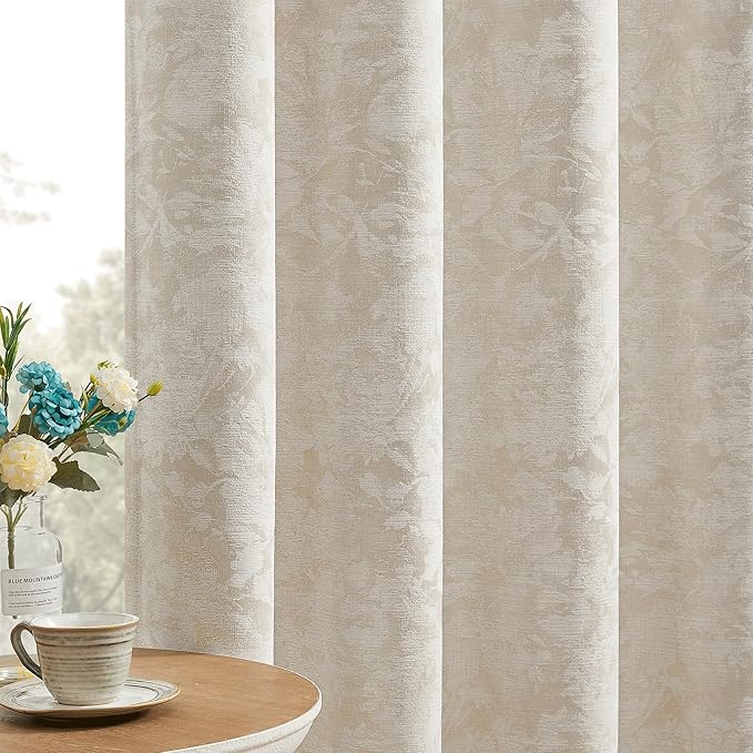 Beauoop Beige Floral Jacquard Blackout Curtains 90 Inches Long 2 Panels