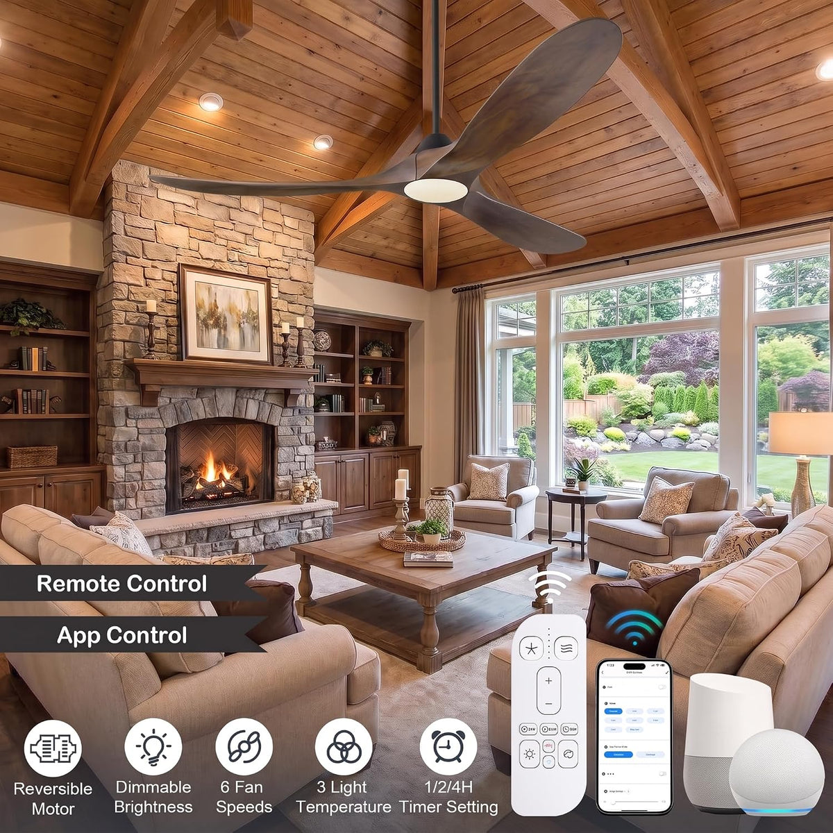 70 Inch Smart Large Ceiling Fan with Light, 3 Wood Propeller Blades