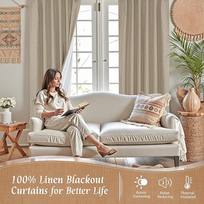 LAMIT 100% Blackout Natural Linen Curtains, 63 Inches Linen Textured Thermal