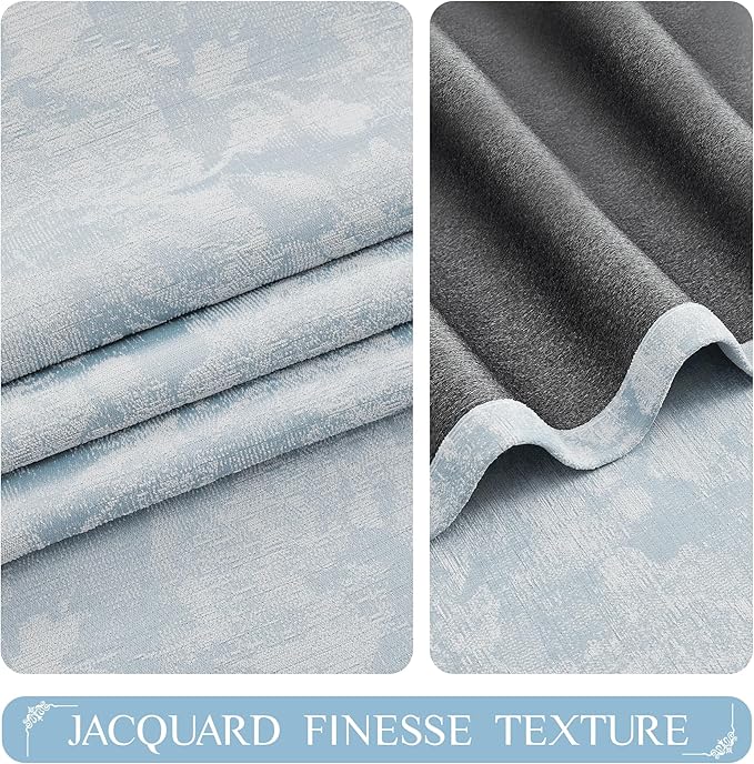 Beauoop Blue Floral Jacquard Blackout Curtains 63 Inches Long 2 Panels