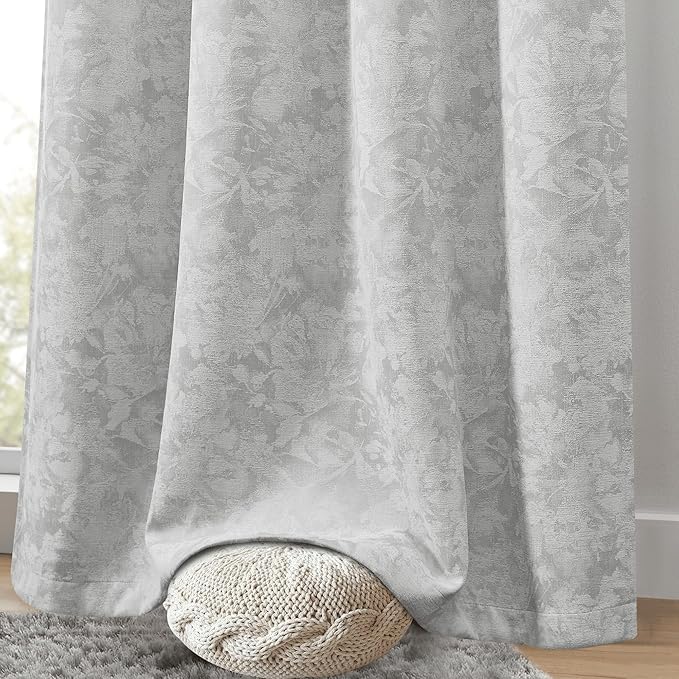 Beauoop Grey Floral Jacquard Blackout Curtains 63 Inches Long 2 Panels