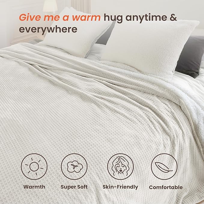 Electric Blanket King Waffle, 90x100 Inches, Dual Controllers, Sherpa Fleece