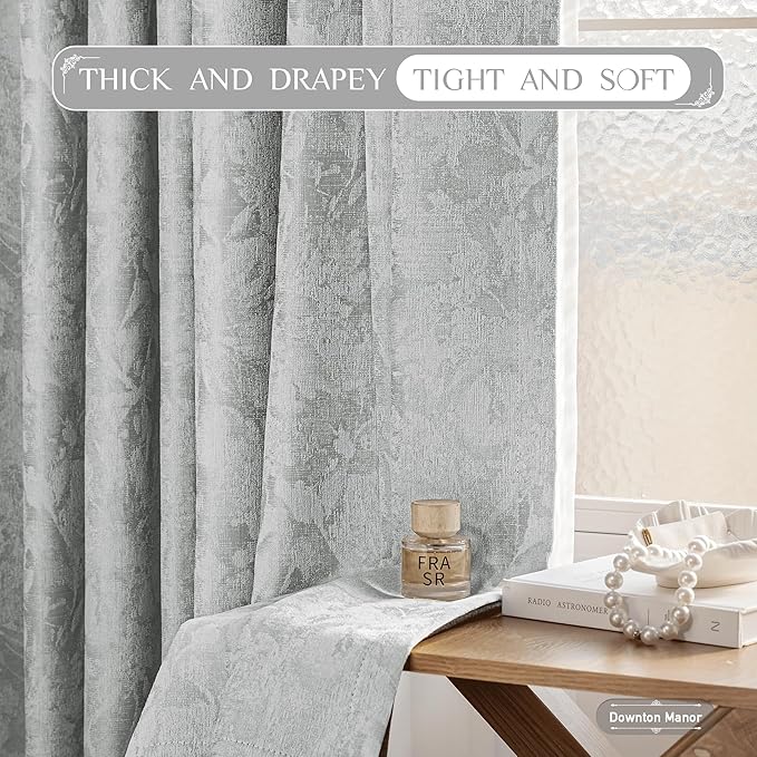 Beauoop Grey Floral Jacquard Blackout Curtains 96 Inches Long 2 Panels
