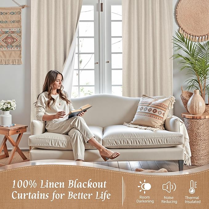 LAMIT 100% Blackout Linen Curtains