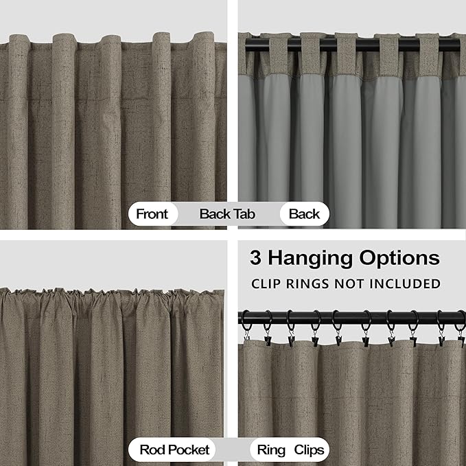 KOUFALL Dark Taupe Brown Curtains 108 Inches Long Blackout Linen Back Tab