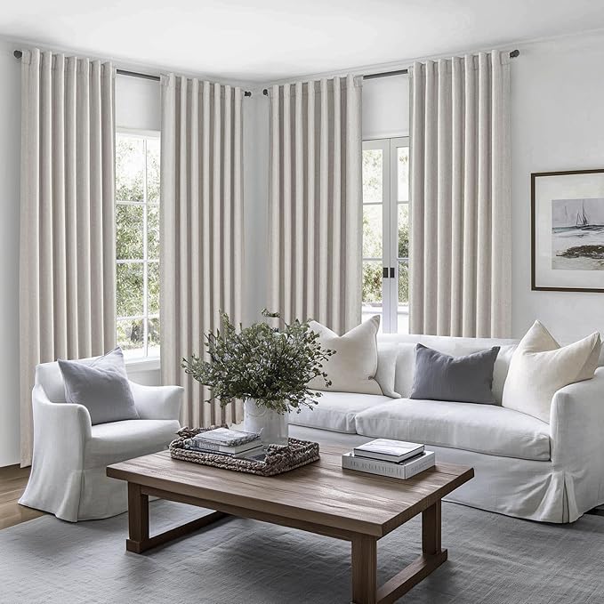 Pleat Linen Blend Room Darkening Curtains 84 Inch Length 2 Panels Set