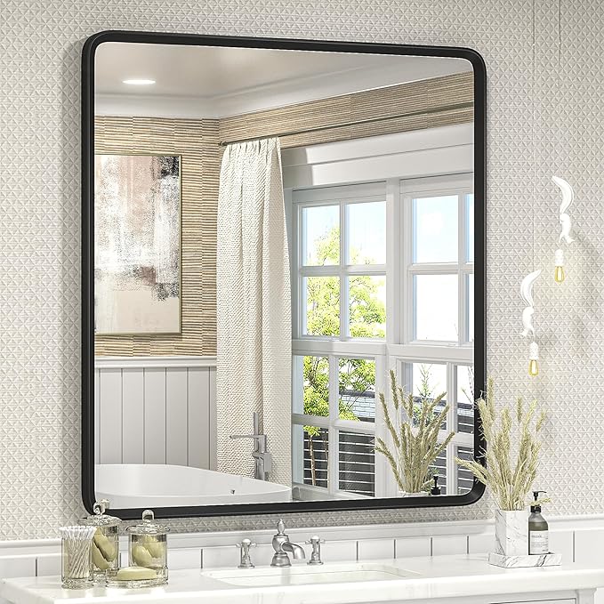 32x36 Black Bathroom Mirror, Rounded Rectangle Mirror, Shatterproof