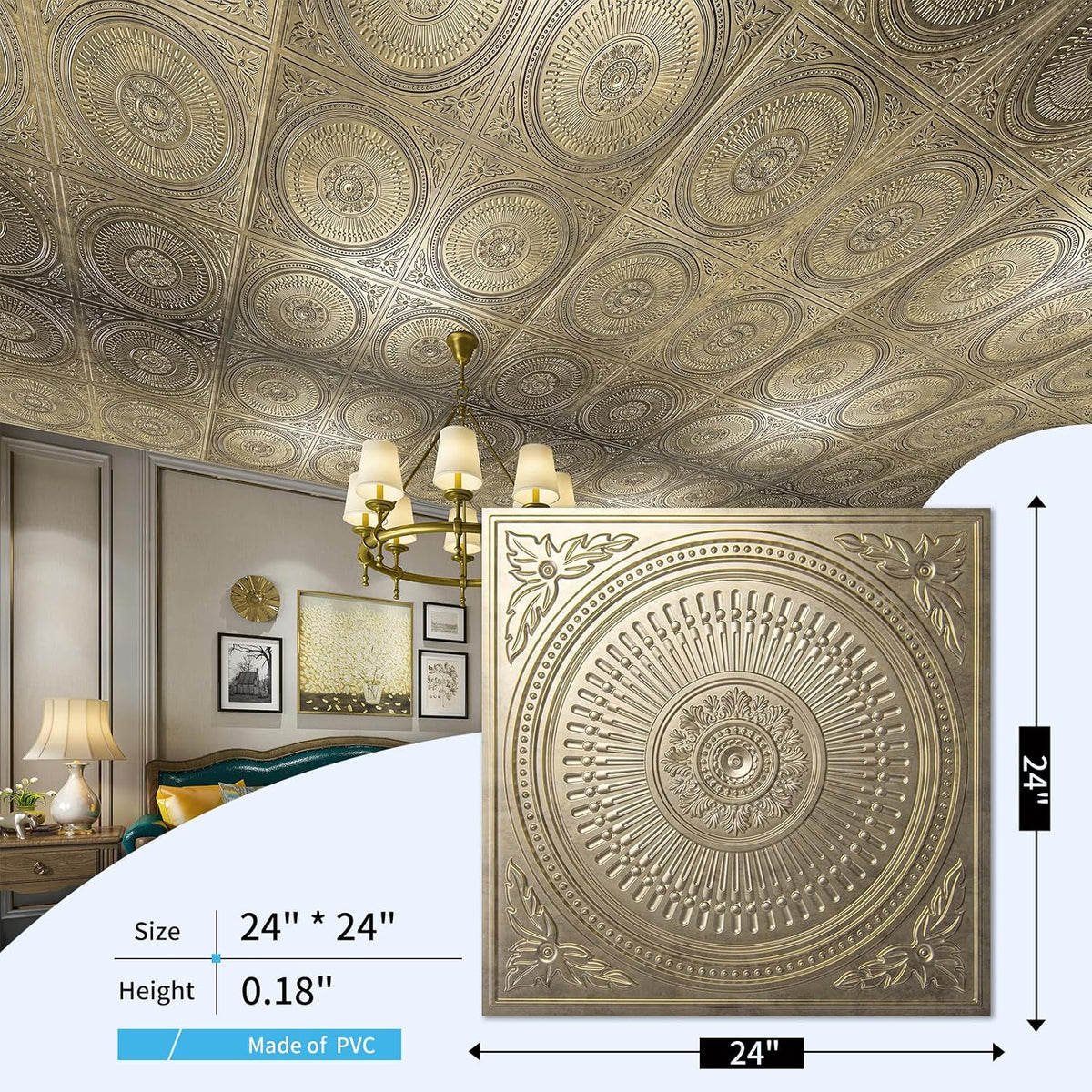 Art3d 12-Pack 2 x 2 ft Drop Ceiling Tiles for Interior Decor, Antique Gold