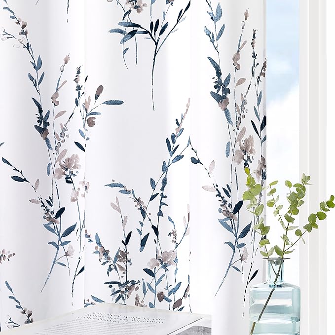 MYSKY HOME 90 inch Curtains for Living Room Floral Curtains Light Filtering