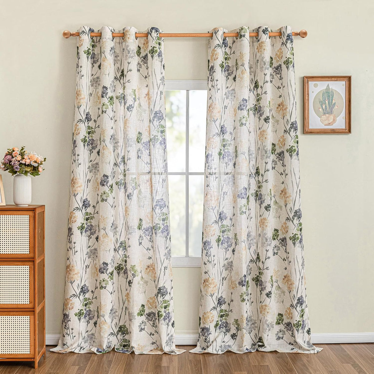 MYSKY HOME Sage Green Floral Linen Spring Curtains 84 inch Long 2 Panels Set ...