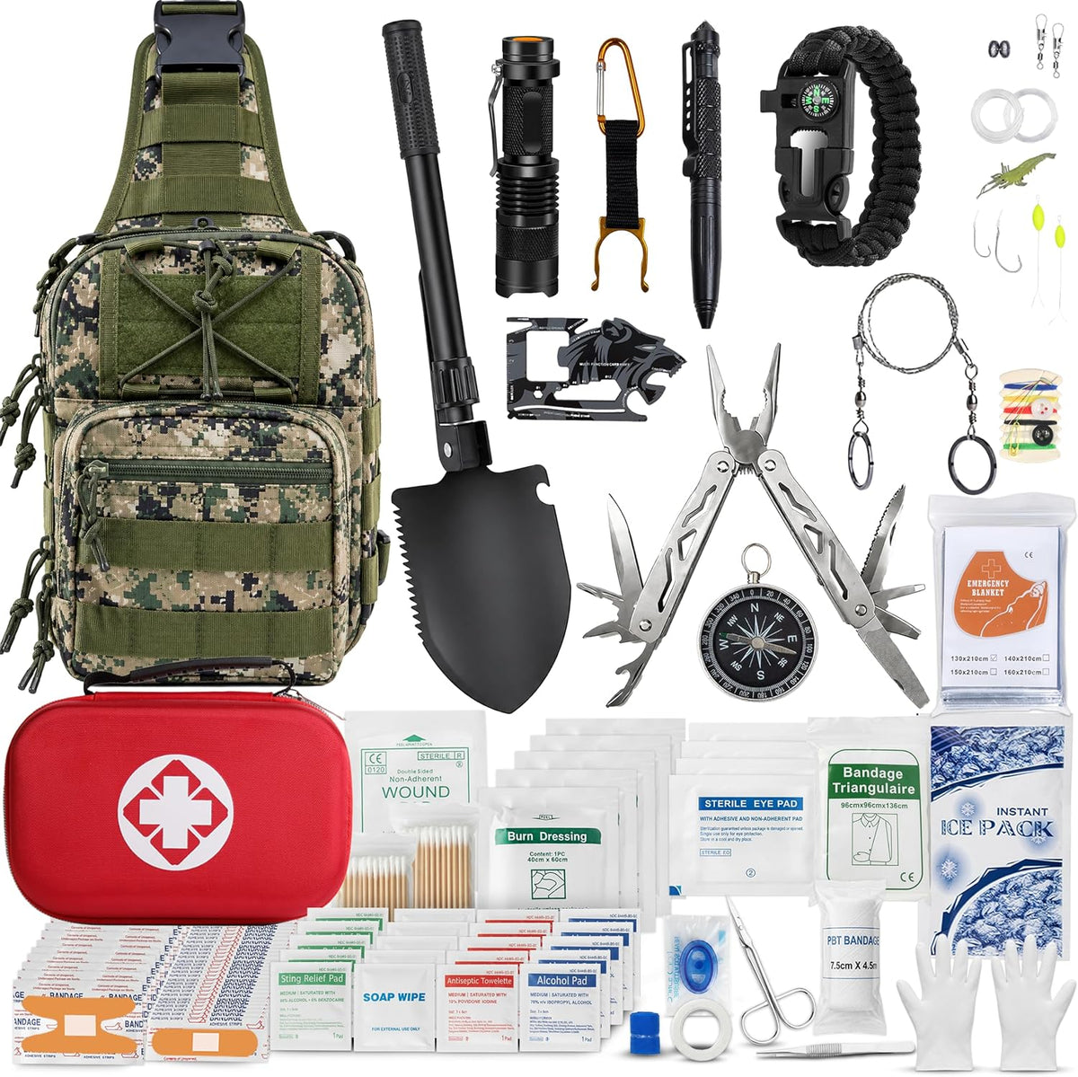 Survival Kit Emergency Supplies 298 Pcs - First Aid, Tactical Shovel, Compass...