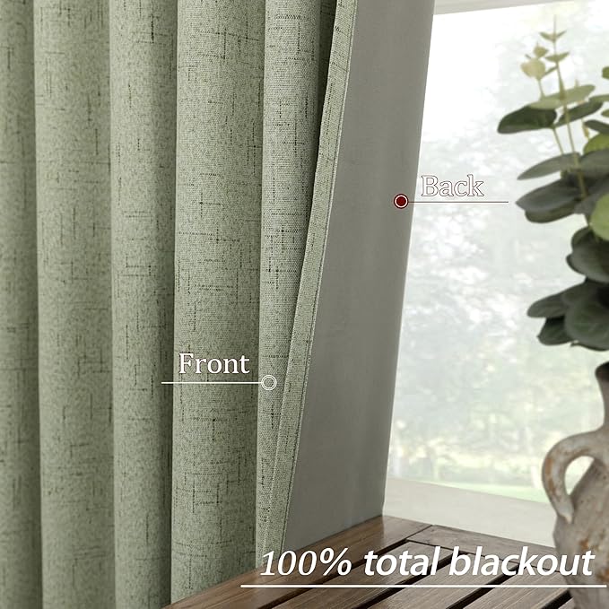 KOUFALL Extra Long 108 Inch Curtains Linen Blackout, Sage Green Thermal Heat