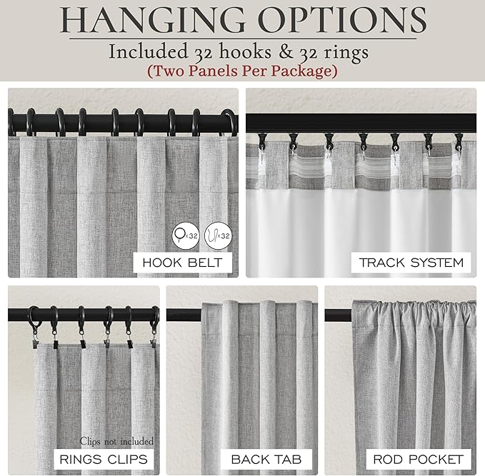 Grey Linen Room Darkening Curtains 95 Inches Long 2 Panels Set