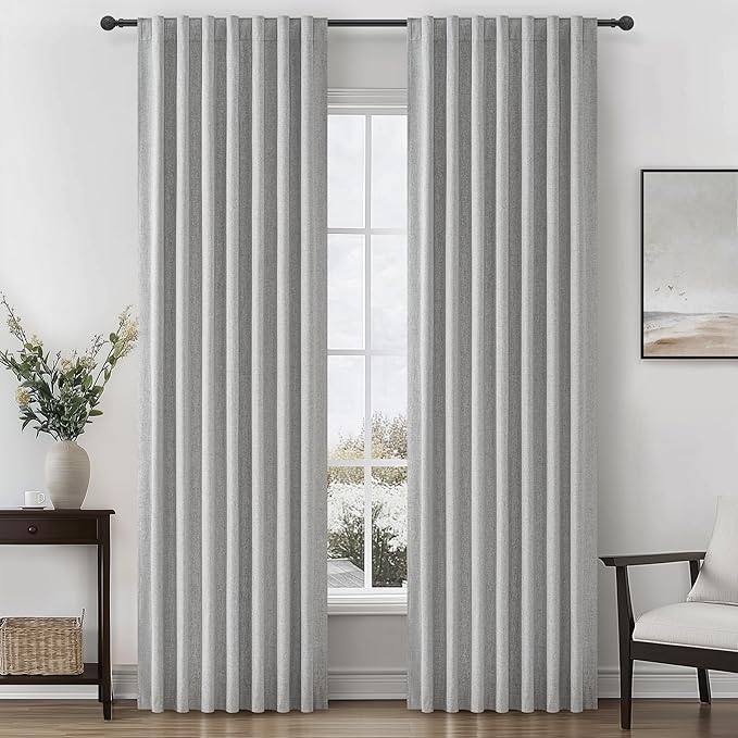 Gray 100% Black Out Linen Curtains 86 Inches Long 2 Panels Set