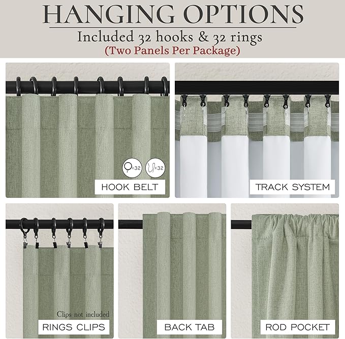 Sage Green Blackout Linen Curtains 120 Inches Extra Long