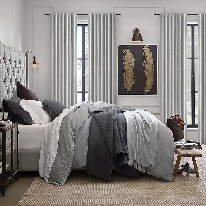 Grey Linen Room Darkening Curtains 95 Inches Long 2 Panels Set