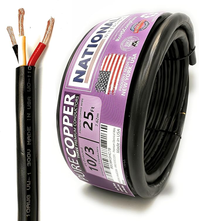 NATIONAL Wire & Cable – 10 AWG 3-Conductor Premium Copper Wire, 25 ft, St...