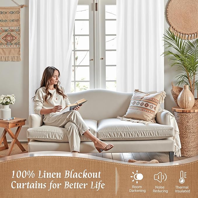 LAMIT Natural 100% Blackout Linen Curtains, 54 Inches Linen Textured Thermal