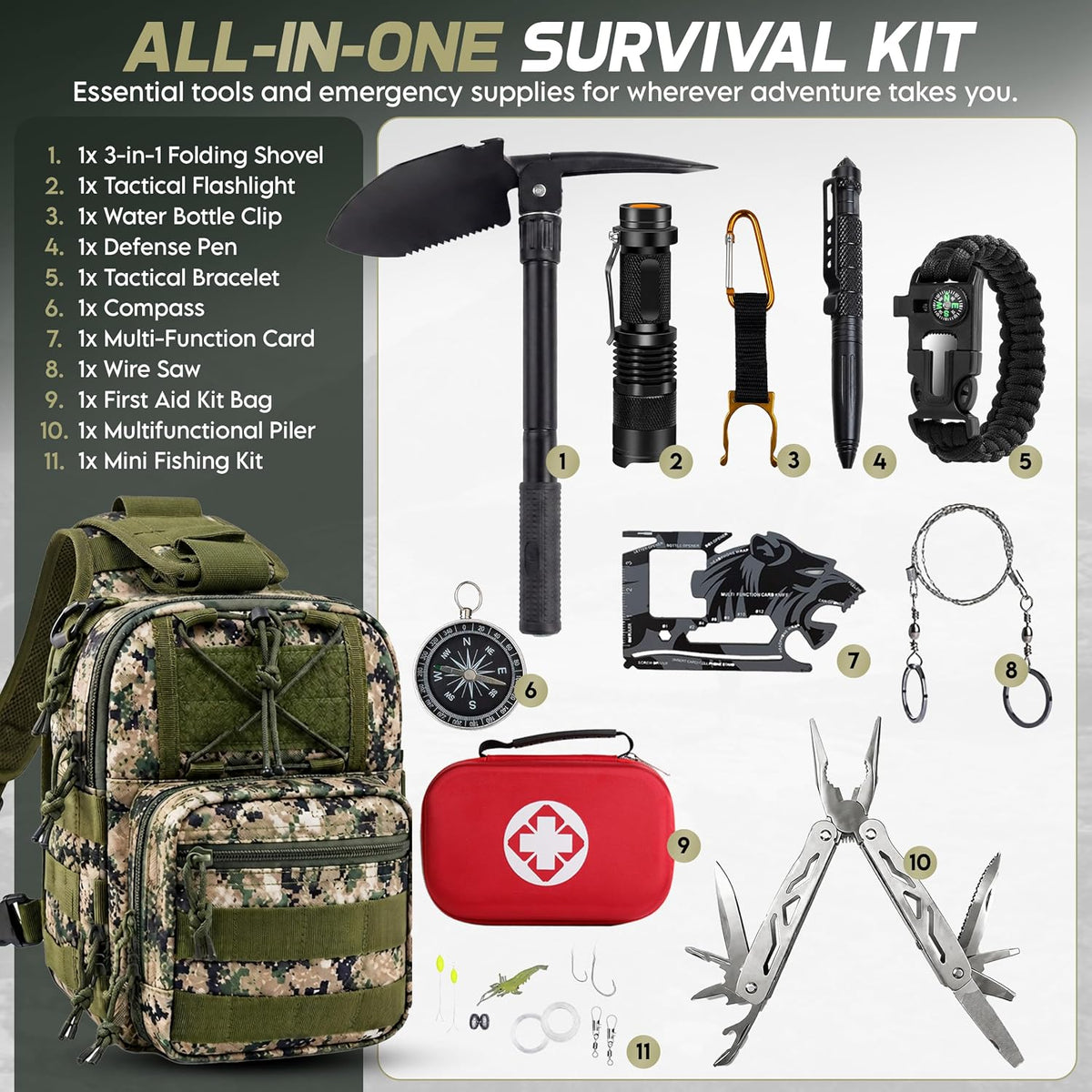 Survival Kit Emergency Supplies 298 Pcs - First Aid, Tactical Shovel, Compass...
