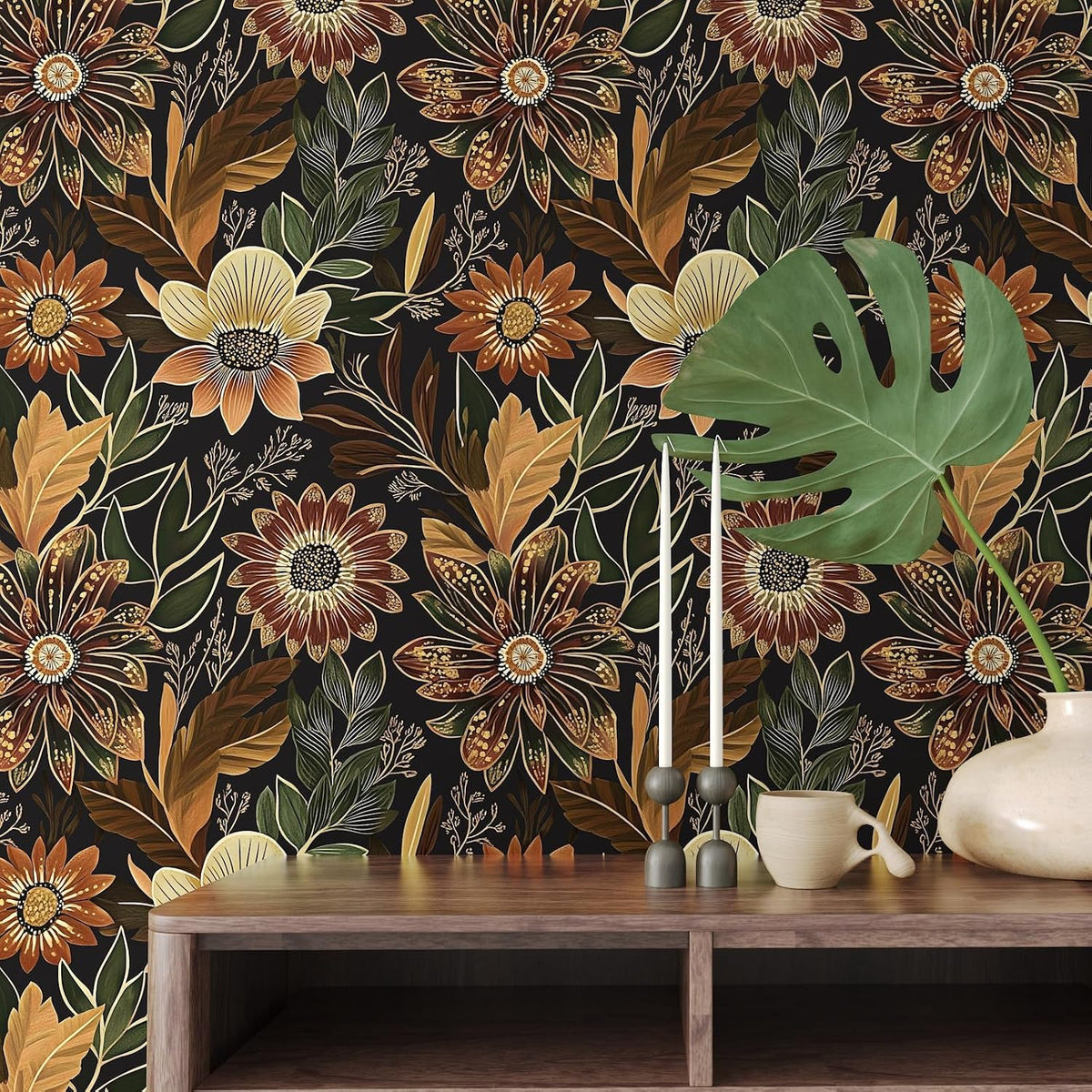 Boho Dark Black Gold Floral Wallpaper Peel and Stick 17.5"x393" | S...
