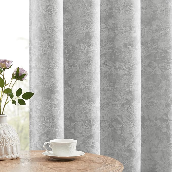 Beauoop Grey Floral Jacquard Blackout Curtains 96 Inches Long 2 Panels