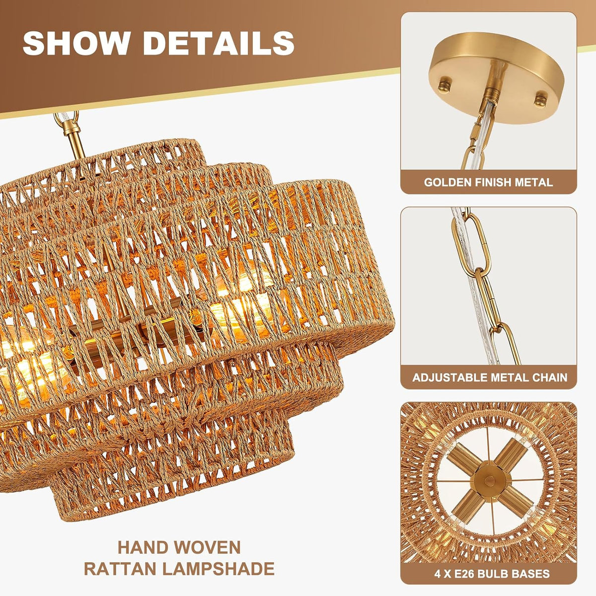 19.68" Gold Rattan Chandelier, 5-Tier Handwoven Wicker Fixture