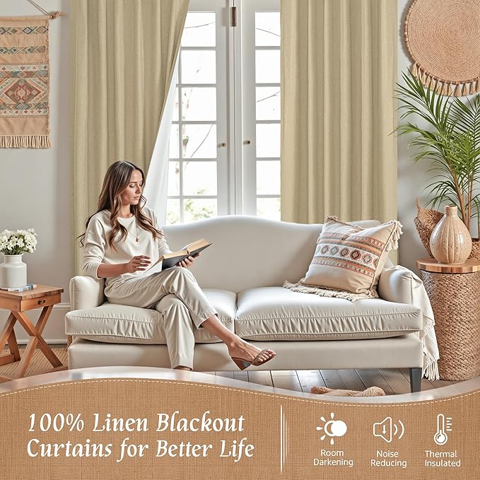 LAMIT Natural 100% Blackout Linen Curtains, 63 Inches Linen Textured Thermal