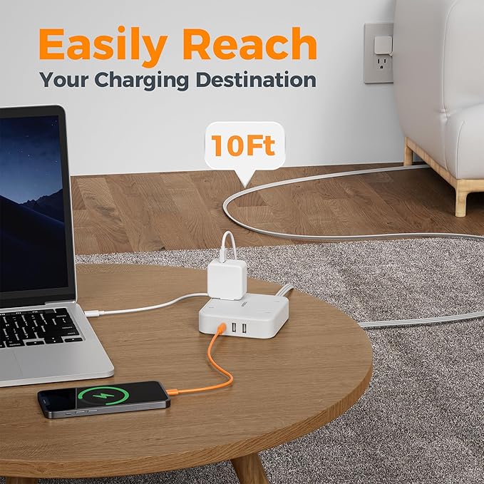 Surge Protector Flat Extension Cord 10FT, TESSAN Flat Plug Power Strip