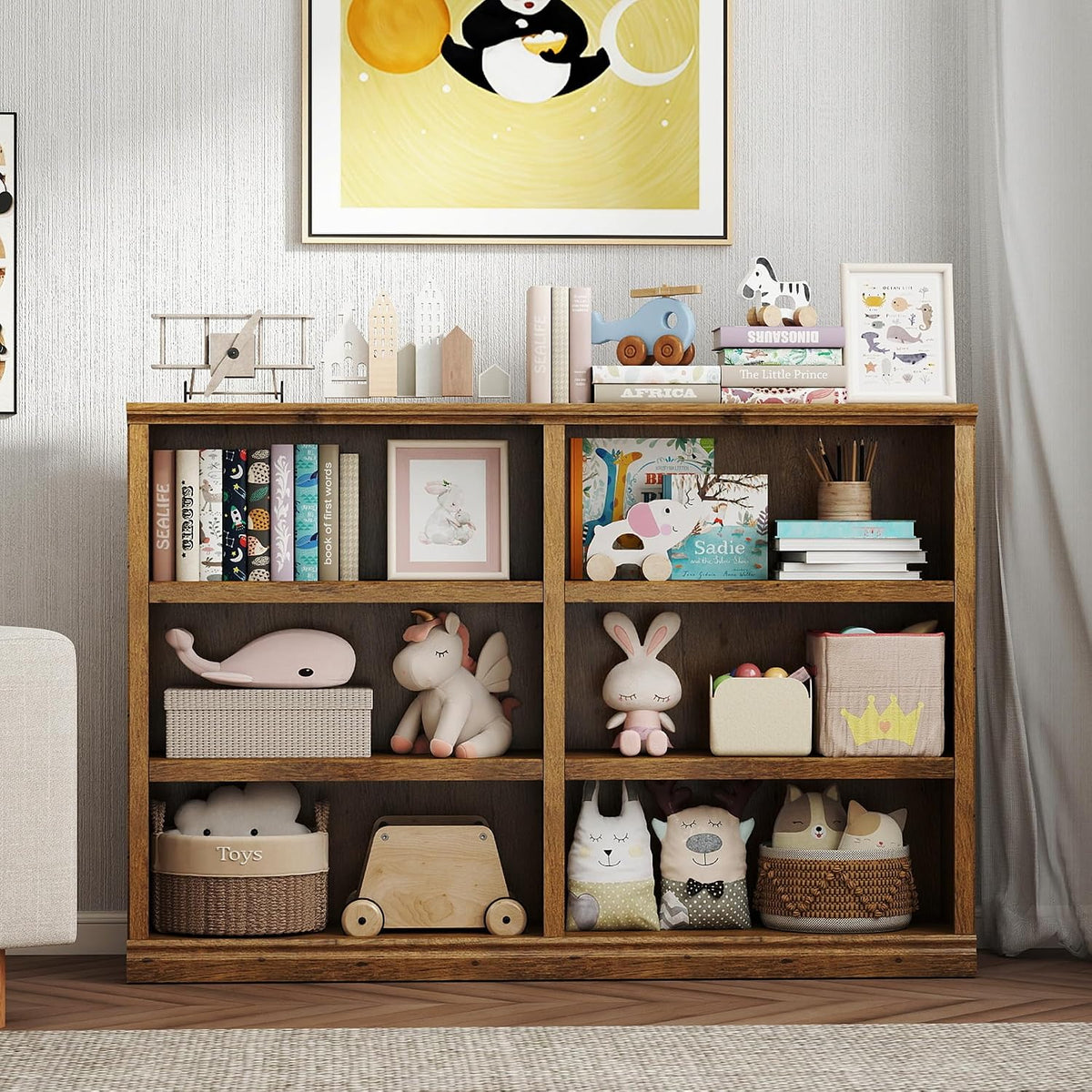 64" W Double Wide Horizontal Bookshelf, 3 Tiers 6 Storage Cube Book Case