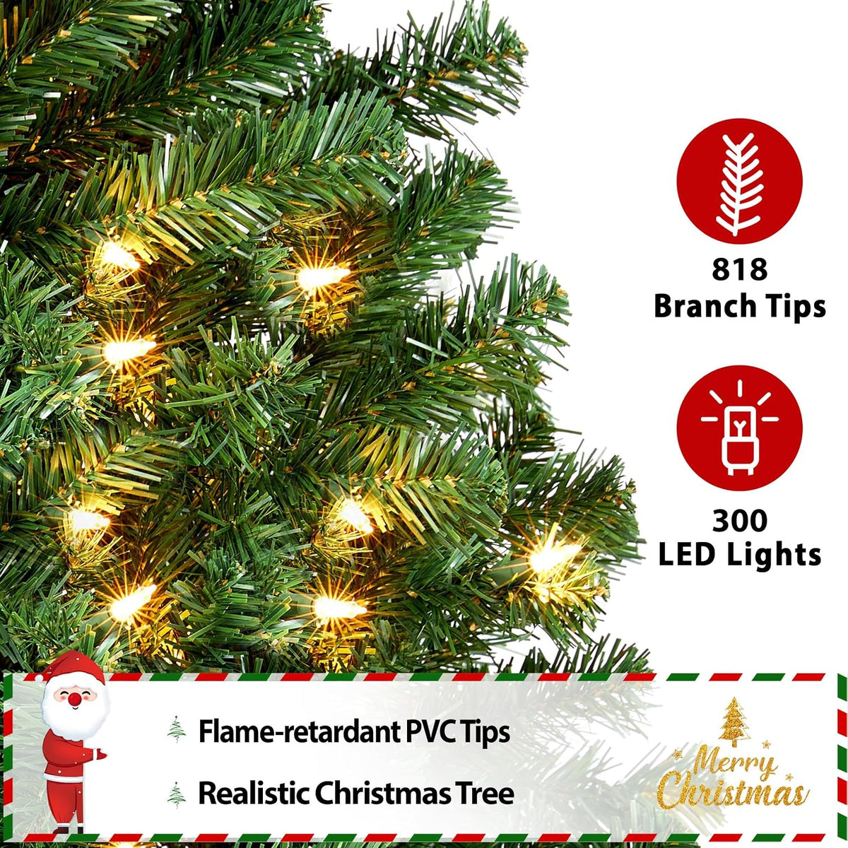 Yaheetech 6ft Pre-lit Christmas Tree with 300 Warm White Lights, Green