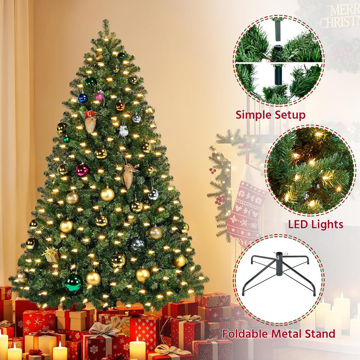 Yaheetech 6ft Pre-lit Christmas Tree with 300 Warm White Lights, Green