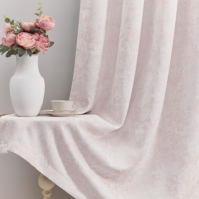 Beauoop Pink Floral Jacquard Blackout Curtains 90 Inches Long 2 Panels