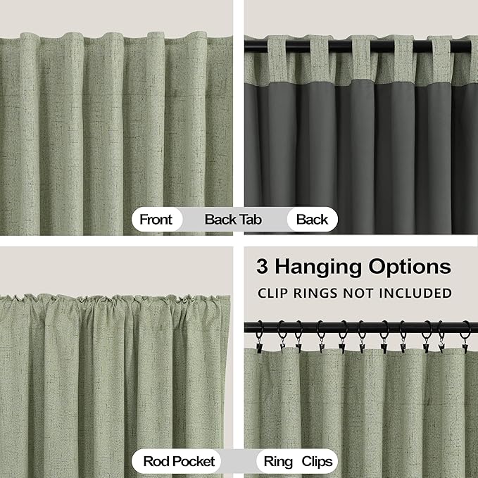 KOUFALL Extra Long 108 Inch Curtains Linen Blackout, Sage Green Thermal Heat