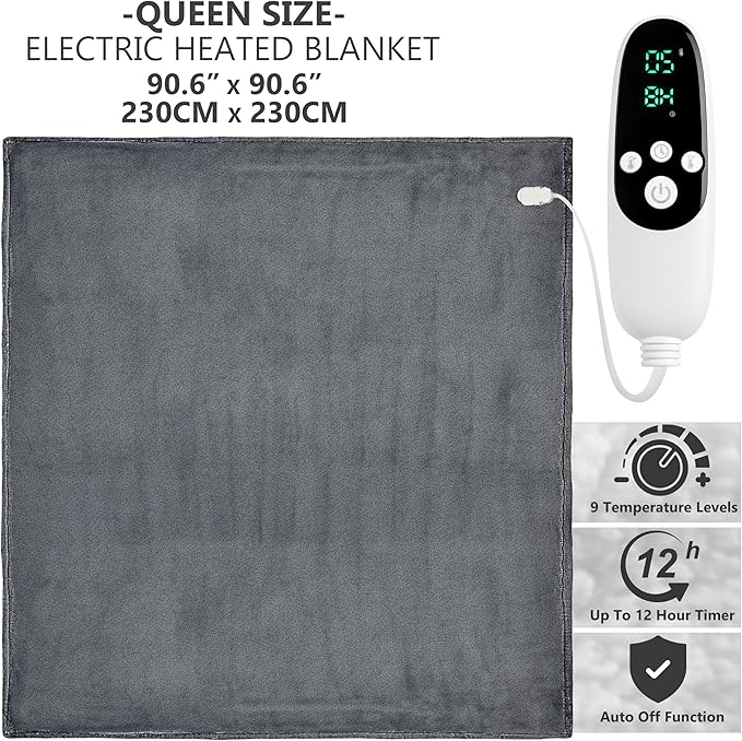Heated Blanket Electric Luxurious Fleece Queen Blanket, 9 Heat Settings &...